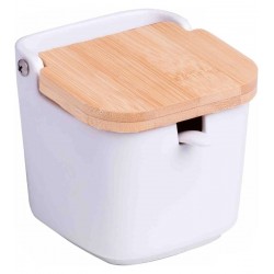 Saleiro De Mesa 10x10cm De Cerâmica Com Tampa De Madeira E Colher Bianco